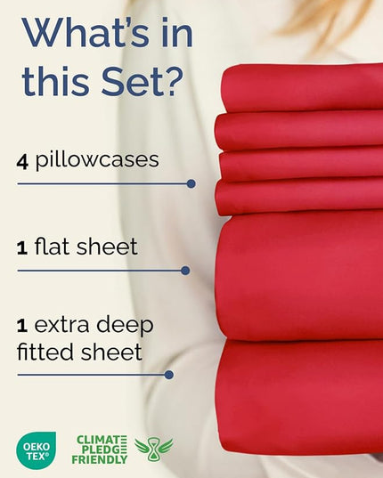 Extra Deep Full Sheet Set - 6 Piece Breathable and Cooling Sheets - Hotel Luxury Bed Sheets Set - Easy & Secure Fit - Soft, Wrinkle Free and Comfy Sheets Set - Red Sheet Set with Extra Deep Pockets