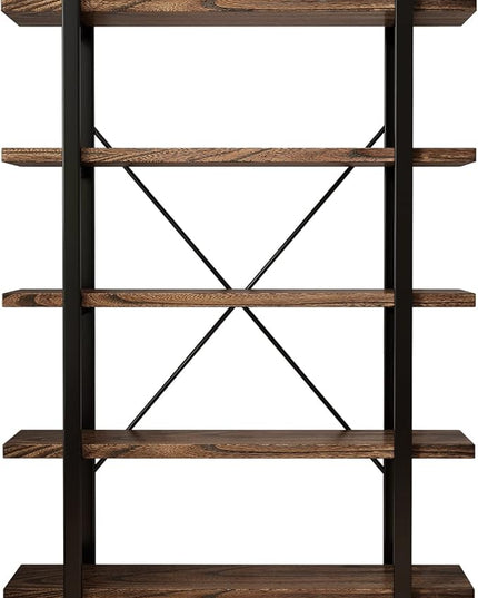 5-Tier Industrial Style Solid Wood Bookcase and Book Shelves,Rustic Wood and Metal Shelving Unit， Living Room,Modern Rustic Open Industrial Book Shelf Office,Distressed Brown (AY-02-5Tier)