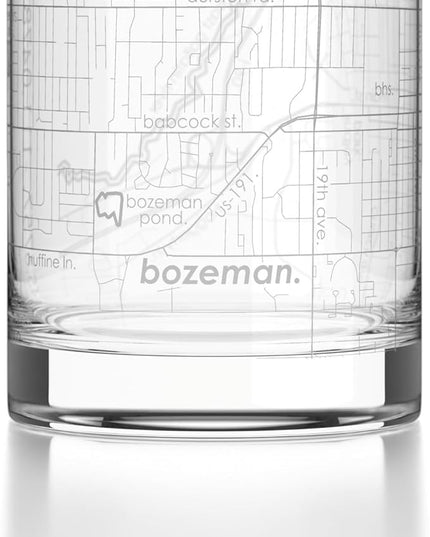 Well Told Engraved Bozeman Montana Map Rocks Glass, Old Fashioned Glassware (11 oz, Clear) Etched Bourbon Tumbler, Gifts For Whiskey Lovers