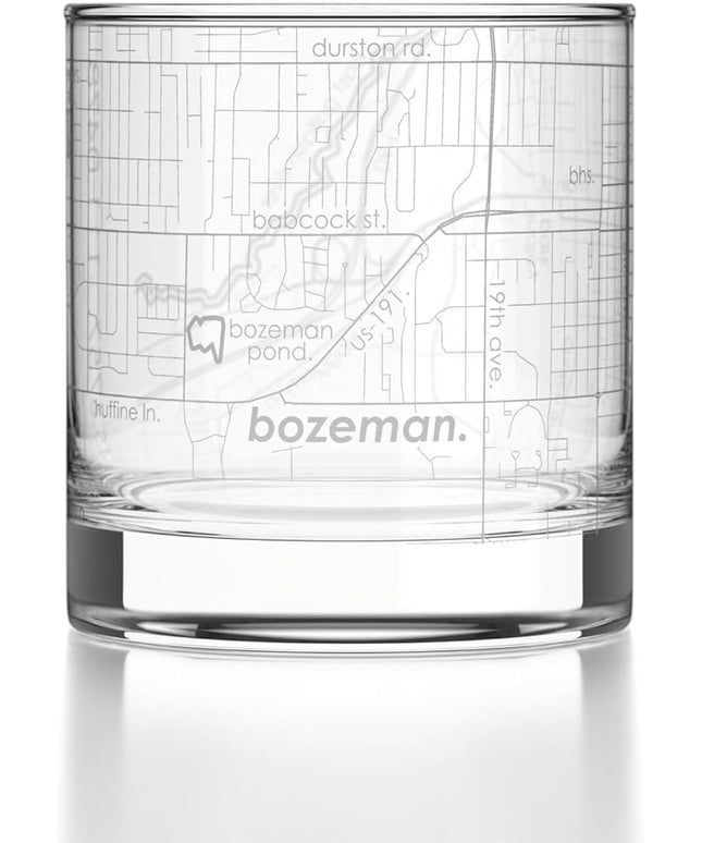 Well Told Engraved Bozeman Montana Map Rocks Glass, Old Fashioned Glassware (11 oz, Clear) Etched Bourbon Tumbler, Gifts For Whiskey Lovers