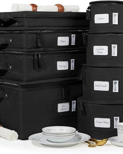 Hard Shell China Storage Containers 8-Piece Set Moving Boxes for Dinnerware, Glasses, Plates, Mugs and Saucers Sturdy Dish Organizer with Dividers for Seasonal Storage - Service for 12 - Black