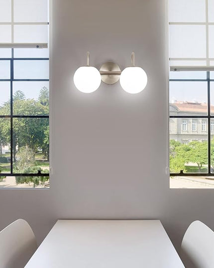 Modern Bathroom Vanity Light Fixtures Brushed Nickel 2 Lights Milk White Globe Glass Shade Modern Wall Sconce Lights Vanity Lights Over Mirror(Exclude G9 Bulb)