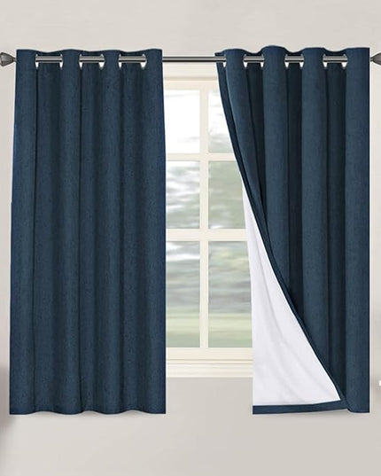 H.VERSAILTEX Linen Blackout Curtains 63 Inches Long 100% Absolutely Blackout Thermal Insulated Textured Linen Look Curtain Draperies Anti-Rust Grommet, Energy Saving with White Liner, 2 Panels, Navy