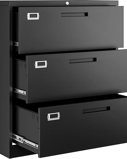 Letaya Lateral 3 Drawer File Cabinets with Lock, Metal Filing Storage Vertical Cabinets,Home Office Furniture for Organization Hanging Letter/Legal/F4/A4(Black)