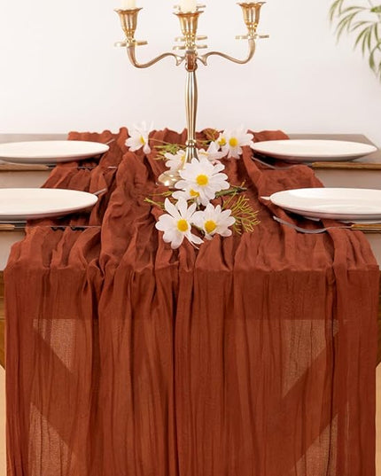 Socomi Terracotta Christmas Fall Cheesecloth Table Runner Boho Rustic Farmhouse Gauze 120 inch 10FT Cheese Cloth Runner for Wedding Party Baby Shower Birthday Home Decor Holiday Decorations