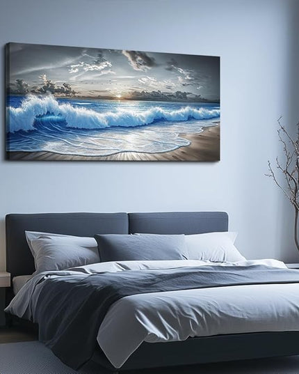 PHAOHUAXM Large Canvas Wall Decor For Living Room Wall Art For Bedroom Office Dining room Decor Modern Black White And Blue Ocean Wave Painting Printed Artworks Wall Pictures Home Decor 24"X48"