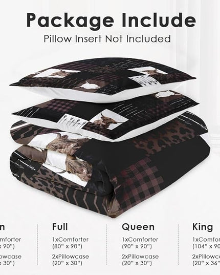 Full Size Comforter Set with 2 Pillowcases, Brown Farm Animal 3 Pcs Bedding for Kids and Adults, Vintage Highland Cow Print Soft Comforter Set for Bedroom Bed Decor