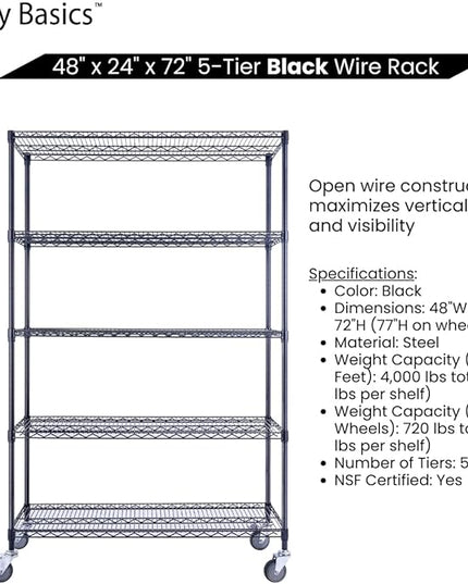 NSF Commercial 5-Tier Wire Shelving with Wheels, 48"x24"x72" Heavy Duty Metal Shelves 4000 lbs Max Capacity, Black Storage Rack for Garage Kitchen Pantry Warehouse
