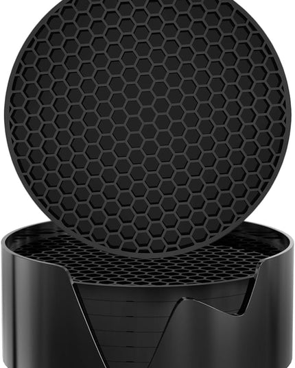 Silicone Coasters [8 Pack] with Holders Drink Coasters, for Hot or Cold Drinks Thickened, Non-Slip, Non-Stick (Black)