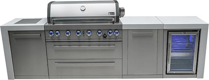 Mont Alpi MAi805-DFCXL 6-Burner 115000 BTU Deluxe Stainless Steel Island Outdoor Kitchen BBQ Gas Grill + Fridge Cabinet + Granite Countertops + + Grill Cover + 25" Right Extra Storage Cabinet