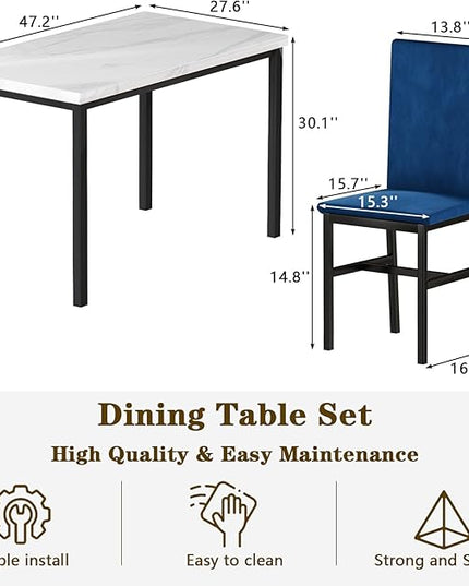 AWQM Dining Table Set for 4, Modern Marble Dining Table Set with 4 Upholstered Velvet Chairs,Dining Room Table Set for Kitchen, Breakfast Nook, Dining Room, White and Blue
