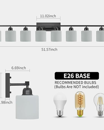 8 Light Black Bathroom Light Fixtures Over Mirror for Big Mirror, Modern Bathroom Lighting with Milky White Frosted Glass Shades,51 inch Lights for Vanity for Mirrors, E26