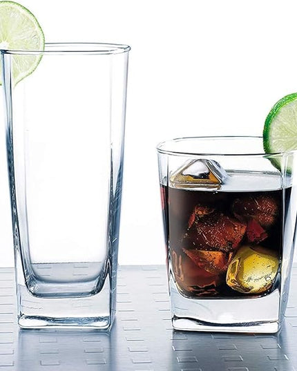 Everyday Drinking Glasses Set of 8 Drinkware Kitchen Glasses for Cocktail, Iced Coffee, Beer, Ice Tea, Wine, Whiskey, Water, 4 Tall Highball Glass Cups & 4 Short Old Fashioned.
