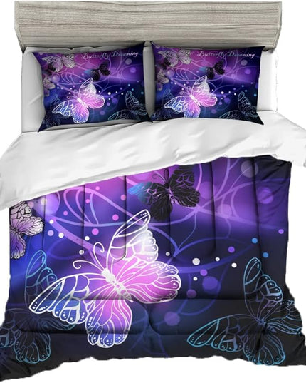 Sunnycitron 3D Purple Butterfly Bedding Twin Comforter Set Dreamy Butterfly Comforter Set for Girls and Women, Soft, Breathable, Fade Resistant 3 Piece- Includes 1 Comforter and 2 Pillowcase