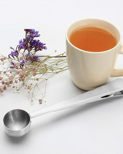 FLEXMAN Coffee Scoop with Clip, 2 in 1 Modern Design Stainless Steel Teaspoon Scoop, Sealing Function Spoon for Home, Restaurant, Office, Daily Coffee Life