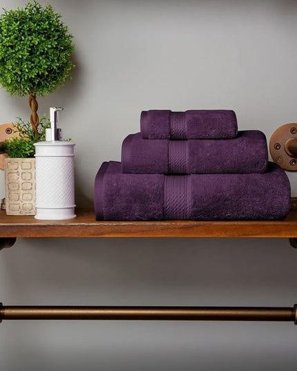 Superior Egyptian Cotton Pile 3 Piece Towel Set, Includes 1 Bath, 1 Hand, 1 Face Towel/Washcloth, Ultra Soft Luxury Towels, Thick Plush Essentials, Guest Bath, Spa, Hotel Bathroom, Plum