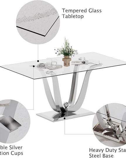 5-Piece Glass Dining Table Set w/4 Blue Upholstered Dining Chairs, 70in Rectangular Large Kitchen Table Set for 4, Glass and Silver Dining Table and Chair Set for 4
