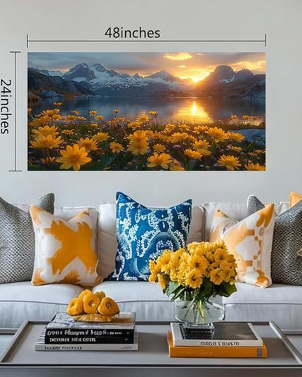 LKY ART Mountain Lake Sunset Wall Art Snow-Capped Peaks with Yellow Wildflowers Picture Wall Decor for Living Room Nature Landscape Canvas Prints Poster Artwork Home Decoration