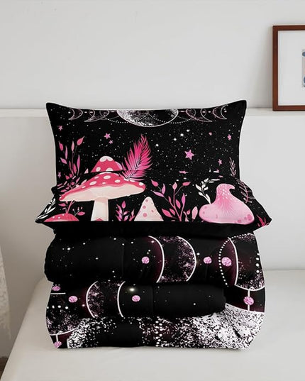 Mushroom Kids Comforter Set Queen Size,Sun Moon Starry Sky Planet Romantic Bedding Set,Boys Girls Adults Room Decor,Plants Leaves Boho Trippy Down Comforter,Pink Dreamy Duvet Insert,2 Pillowcases