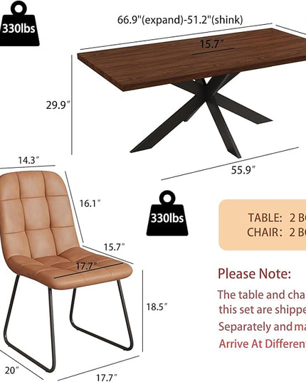 ZckyCine Modern 7-Piece Dining Table Set, 51''-67'' Extendable Walnut Wood Rectangular Table with Metal Legs and 6 PU Leather Chairs, Kitchen & Dining Room Furniture for 6, Easy Assembly