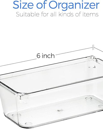 Ravinte 6 Pack Drawer Organizer - 3" X 6" Plastic Storage Bins, Acrylic Organizers with Non-Slip Pads Clear Desk Storage Tray for Makeup, Jewelries, Kitchen Utensils, Bathroom and Office