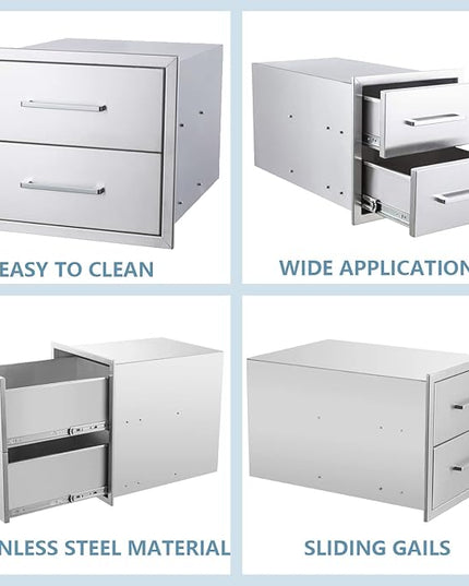 18" W x 15" H x 23" D Stainless Steel Outdoor Kitchen Drawers BBQ Drawers Double Access Flush Mount for Outdoor Kitchens Or BBQ Island