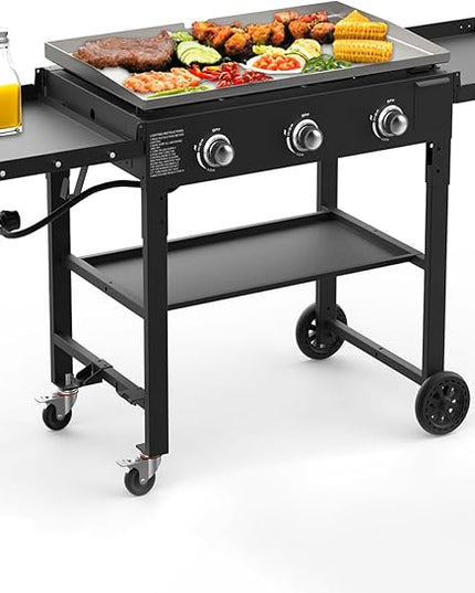 BESTFIRE 3 Burner 35" Flat Top Grill,45,000 BTU Flat Grills Outdoor Cooking with Two Foldable Shelves,Outdoor Griddle with Porcelain-Enameled Cast Iron Grate & Pan for Kitchen,BBQ& Camping