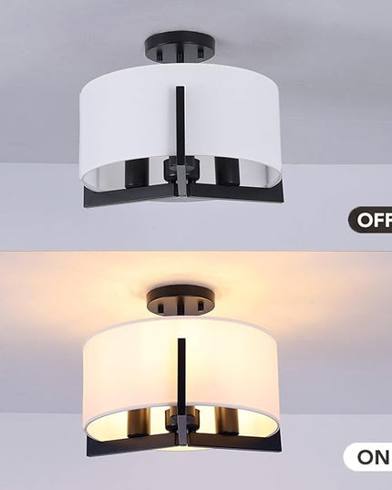 14 inch Black Semi Flush Mount Ceiling Light, 3-Light Modern Lighting Fixtures Ceiling Mount with White Drum Fabric Shade for Bedroom Entryway Hallway