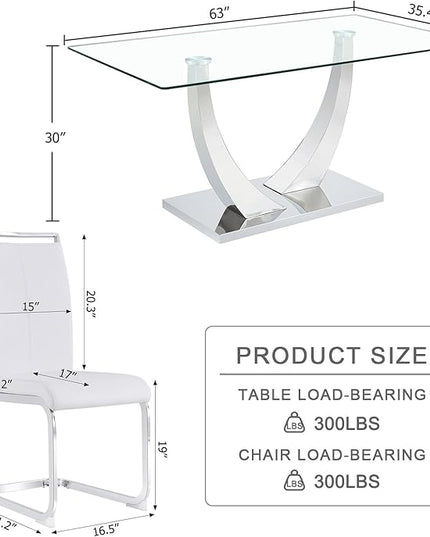 63” Glass Dining Table Set for 6,Modern Dining Room Table Set for 6,Kitchen Table and PU Leather Chairs for 6, Dinner Table with Rectangle Tempered Glass Top and Chrome Silver Base