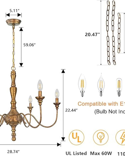 6-Light Antique Gold Chandelier for Dining Room, Farmhouse Rustic Chandelier, Adjustable Vintage Hanging Light Fixture for Bedroom, Kitchen, Living Room, Entryway, Foyer
