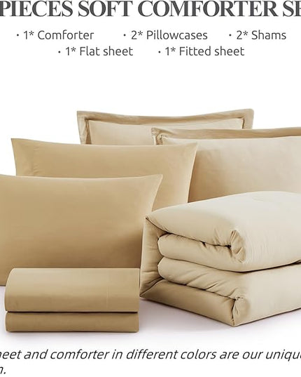 WRENSONGE Queen Size Comforter Set- 7 Pieces Beige Bed in a Bag Queen with Fitted Sheet, Flat Sheet, 2 Pillow Shams, and 2 Pillowcases- Warm Bed Set for All Season