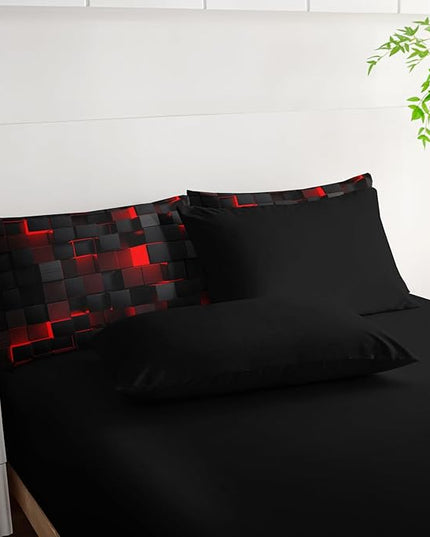 Geometric Red Black Full Comforter Set,Light Honeycomb Bedding Set 7 Piece in A Bag,Bed Sheet Set Geometry Decor,Microfiber Lightweight All Season