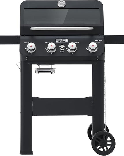 Monument Grills 4-Burner Liquid Propane Gas Grill, Matte Black Stainless Steel Burner Grill with Clearview® Lid and One Foldable Shelf for Outdoor Cooking Kitchen Patio Backyard Barbecue, Mesa420MF