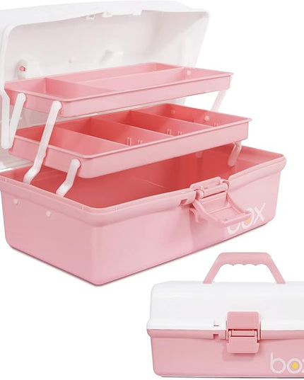 12in 3-Layer Plastic Craft Organizers and Storage, Portable Folding Tackle Box with Handle & Adjustable Dividers, Multipurpose Case for Sewing, Art Supplies, Medicine, Tools (White Pink)