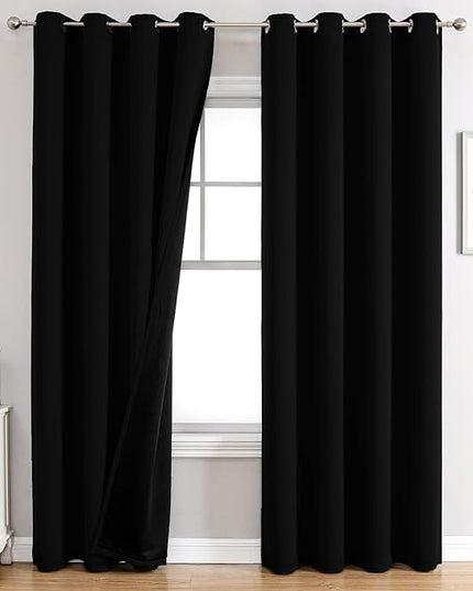 ChrisDowa 100% Blackout Curtains 102 inch Long for Bedroom with Black Liner, 2 Thick Layers Total Blackout Thermal Insulated Grommet Window Curtains 2 Panels Set (Black, 52 x 102 Inch)