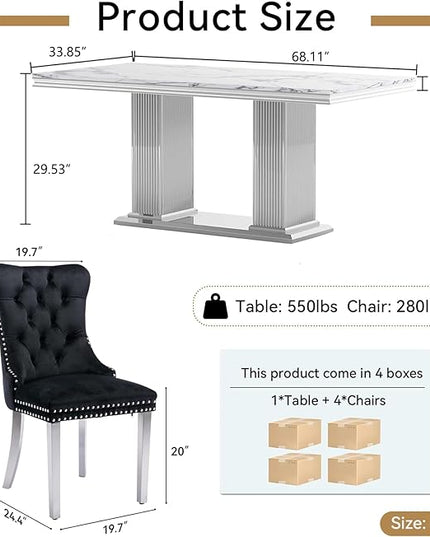 HomVent 68.11" Modern Rectangle Dining Table Set for 4, Faux Marble Top & Stainless Steel Base (Silver Table with 4 Black Chairs, 5 Pieces)