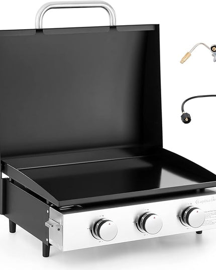 Captiva Designs 22 in Flat Top Grill with Ceramic Coated Cast Iron Pan, Portable Tabletop Propane Gas Griddle Grill for Camping, Outdoor & Tailgating Barbecue, 24,000 BTU Output, 3 Burners