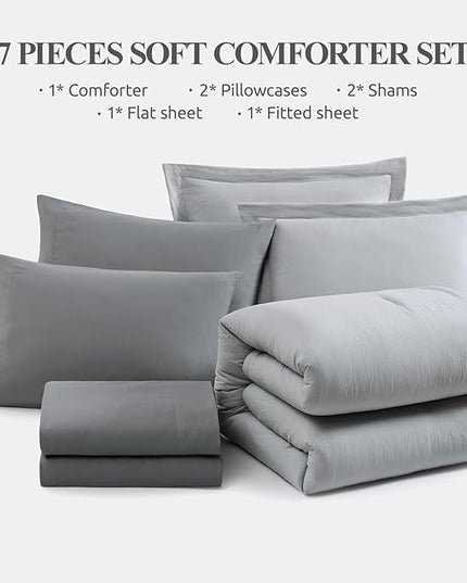 WRENSONGE Full Size Comforter Sets- 7 Pieces Soft Light Grey Bed in a Bag with Fitted Sheet, Flat Sheet, 2 Pillow Shams, 2 Pillowcases, Warm Bedding Sets for All Season
