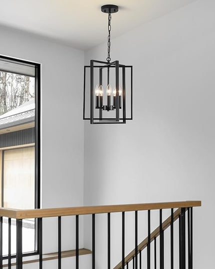 Black Modern Farmhouse Chandelier for Dining Room, 5-Light Pendant Lights Fixtures for Kitchen Island, Foyer Lighting Fixtures High Ceiling for Entryway Hallway Living Room Bedroom