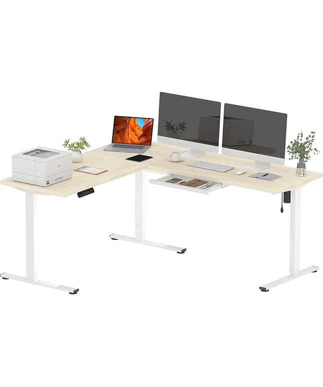 SANODESK L Shaped Electric Standing Desk with Drawer, 71 Inch Ergonomic Adjustable Height Desk with Storage, Corner Desk Sit Stand up Computer Table for Work Office Home, Maple