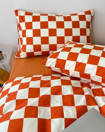CLOTHKNOW Rust Beige Plaid Full Size Comforter Sets 3Pcs Grid Bedding Comforter Sets Terracotta Checker Comforter with 2 x Pillow Cases