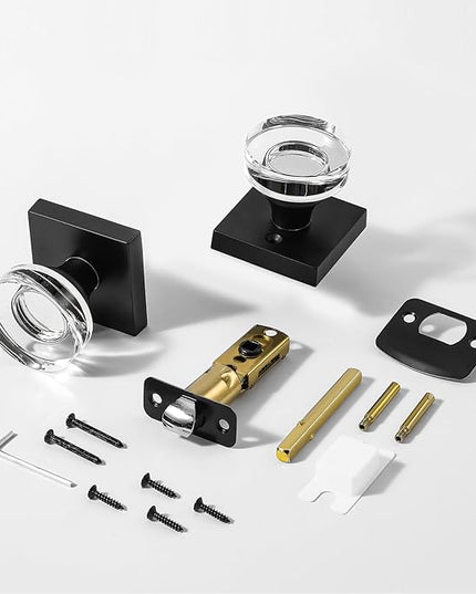 Black Passage Door Knobs Interior, Crystal Glass Door Knobs Interior for Hall and Closet, Matte Black