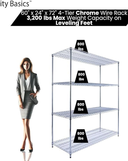 NSF Commercial 4-Tier Wire Shelving with Wheels, 60"x24"x72" Heavy Duty Metal Shelves 3200 lbs Max Capacity, Chrome Storage Rack for Garage Kitchen Pantry Warehouse
