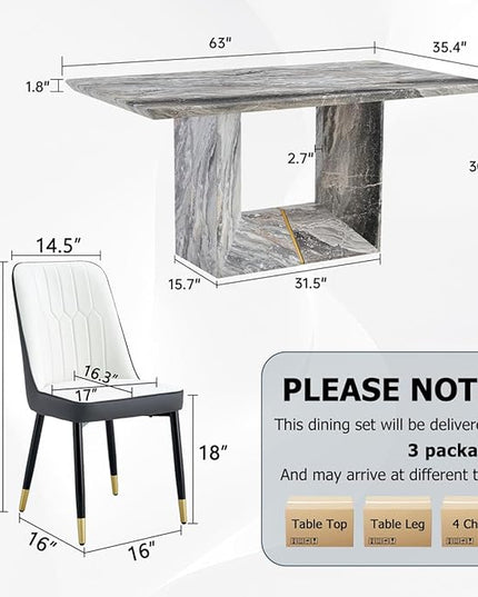 Dinner Table Set for 4, 5 Piece Dining Table Set with Chairs, 63" Faux Marble Modern Table with 4 PU Leather Upholstered Chairs, for Kitchen & Dining Room