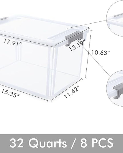 Citylife 32 QT Plastic Storage Bins with Latching Lids Stackable Storage Containers for Organizing Large Clear Storage Box for Garage, Closet, Kitchen, 8 Packs
