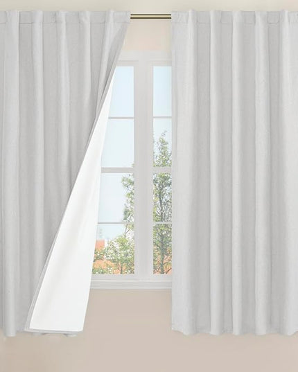 LAMIT 100% Blackout Linen Curtains, 63 Inches Linen Textured Thermal Bedroom Curtains Back Tab and Rod Pocket Neutral Panels with White Liner for Short Windows, 2 Panels, Light Grey, 42 x 63 Inch