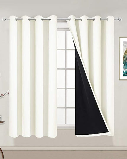 Yakamok 100% Blackout Curtains 54 Inches Long, 2 Thick Layers Thermal Insulated Blackout Curtains for Bedroom, Full Light Blocking Drapes with Black Liner (52" Wide Each Panel, Cream, 2 Panels)