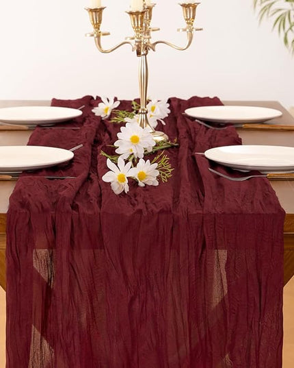 Socomi 10pcs Burgundy Red Christmas Cheesecloth Table Runner Boho Rustic Gauze 120 inch 10FT Cheese Cloth Runner for Wedding Party Baby Shower Birthday Home Decor Holiday Decorations