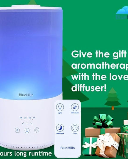 BlueHills Premium 4000 ml Tall Essential Oil Diffuser 4L 4 Liter 50 Hour Run with Remote Timer Aroma Humidifier 1 Gallon Big Capacity High Mist Output for Large Room Huge Size Mood Lights White T401