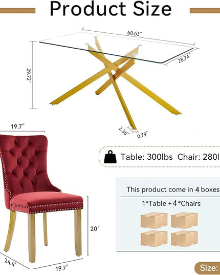 Modern 5-Piece Glass Dining Table Set for 4, Modern 60" Rectangle Gold Glass Dining Room Table Set with Wine Red Velvet Tufted Chairs Wood Legs for Kitchen Dining Room